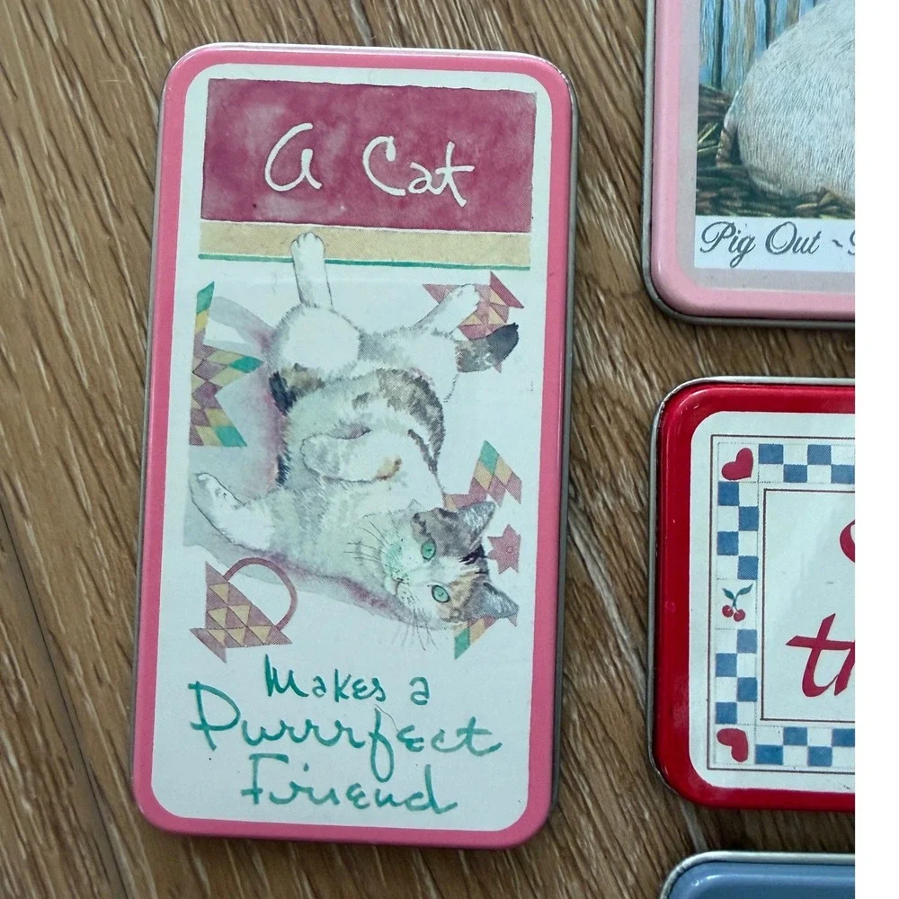 Vintage 1988 Figi Graphics Magnetic Metal Tins Set of 4 Cats Pig Kiss the Cook